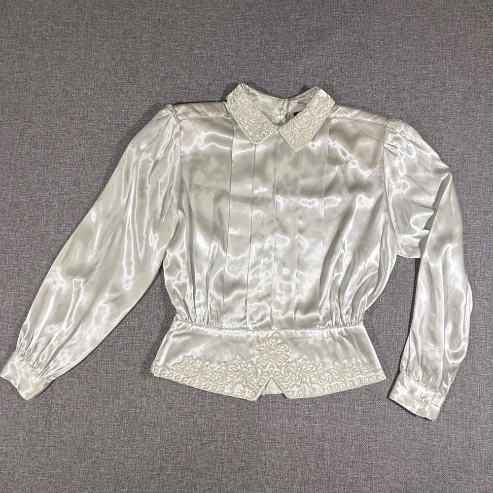 VTG Worthington Victorian Satin Blouse Women 12 Ivory Embroider Coquette Formal